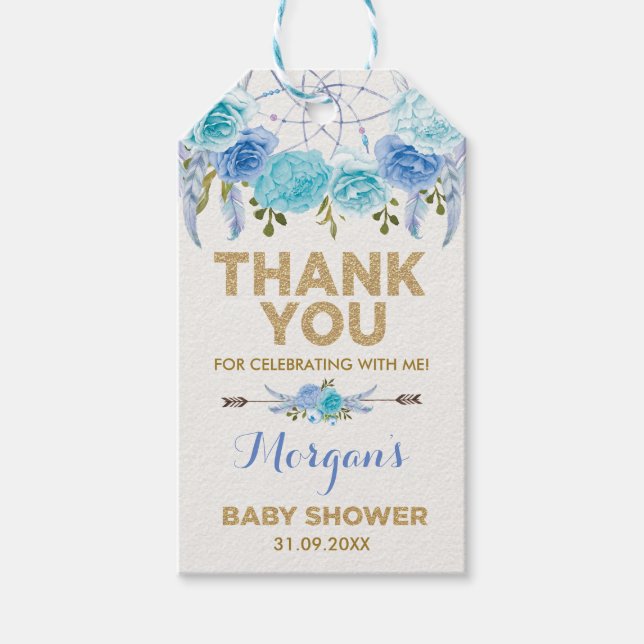 Étiquettes-cadeau Boho Blue Floral Dreamcatcher Baby shower Faveurs (Devant)