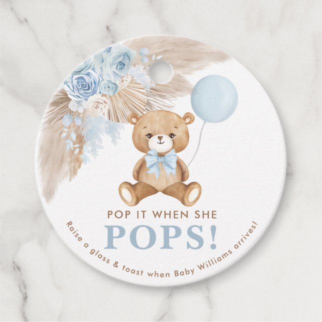 Étiquettes Cadeau Boho Blue Teddy Bear Ballotte Champagne (Devant)