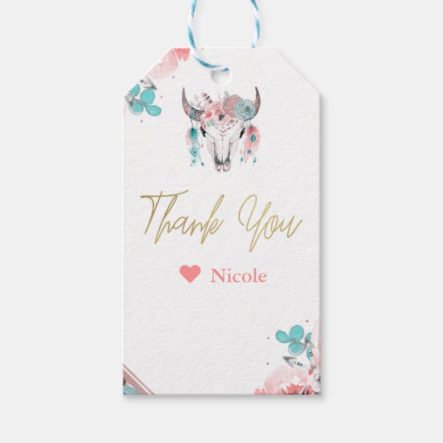 Étiquettes-cadeau Boho Chic Cow Crâne Floral Anniversaire Bohème (Devant)