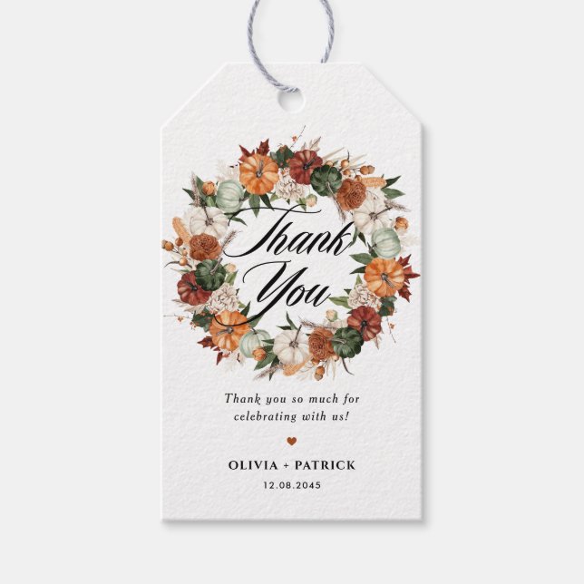 Étiquettes-cadeau Boho Citrouille Wreath Automne Mariage Merci (Devant)