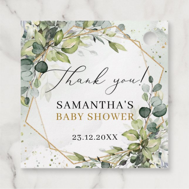 Étiquettes Cadeau Boho Eucalyptus verdure branches Baby shower or (Dos)