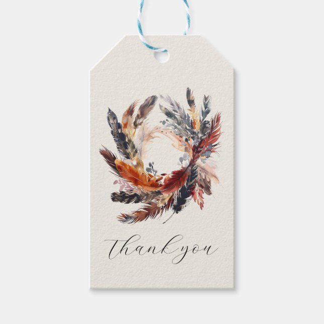 Étiquettes-cadeau Boho Feathers Floral Wreath Monogram Mariage (Devant)