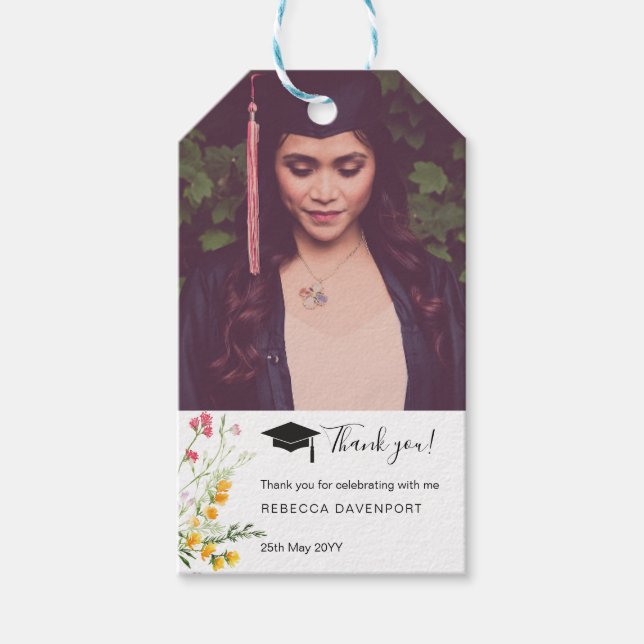 Étiquettes-cadeau Boho fleur sauvage Graduation Merci photo (Devant)