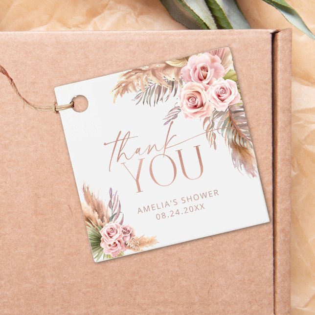 Étiquettes Cadeau Boho Floral Pampas Rose Merci or (Créateur téléchargé)