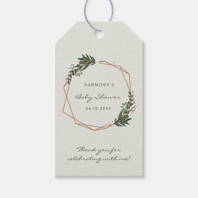 Étiquettes-cadeau Boho Géométrique Verdure Baby shower neutre genre (Devant)