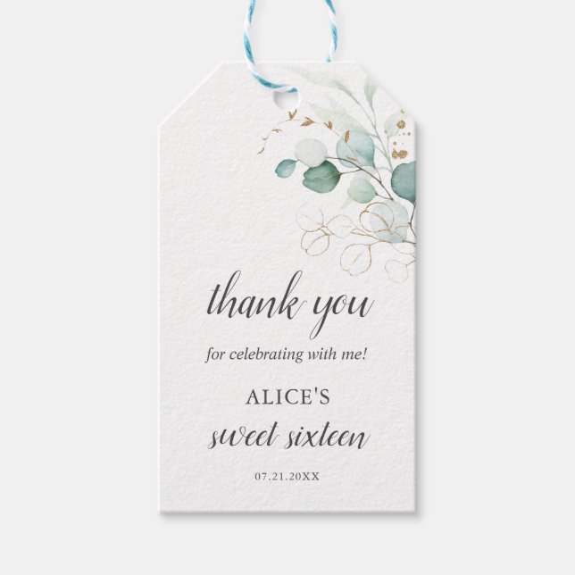 Étiquettes-cadeau Boho Green Eucalyptus Sweet 16 (Devant)
