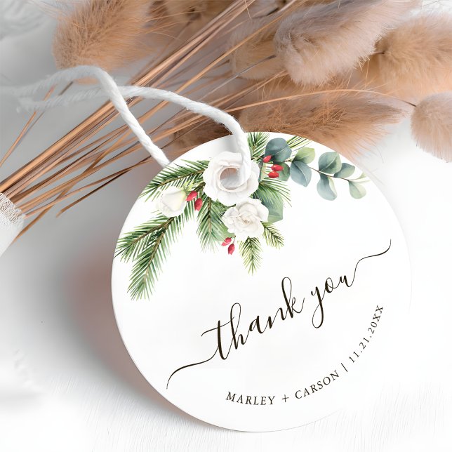 Étiquettes Cadeau Boho Green Script Mariage À feuillage persistant (Créateur téléchargé)