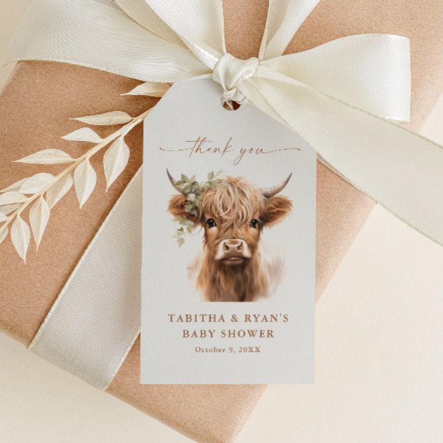 Étiquettes-cadeau Boho Highland Baby shower de vache Merci Faveur (Boho Highland Cow Gender Neutral Couple's Baby Shower Thank You Favor Tags.)