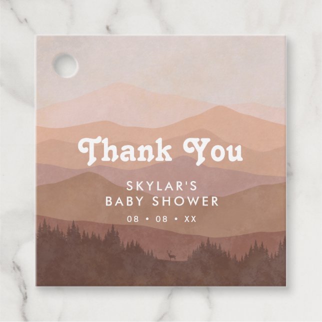Étiquettes Cadeau Boho Mountains Retro Baby shower rose Merci (Devant)