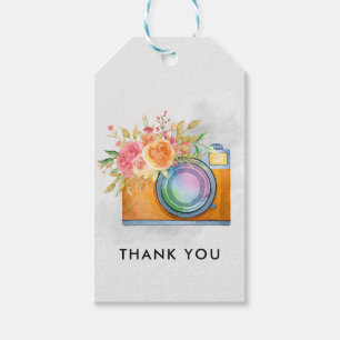 Étiquettes-cadeau Boho Orange Caméra & Bouquet Floral Aquarelle