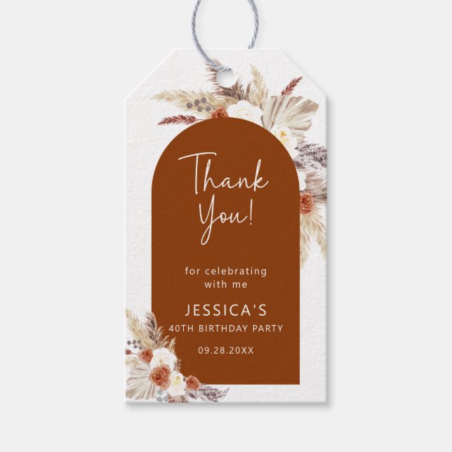 Étiquettes-cadeau Boho Pampas Grass Terracotta Anniversaire Merci (Devant)