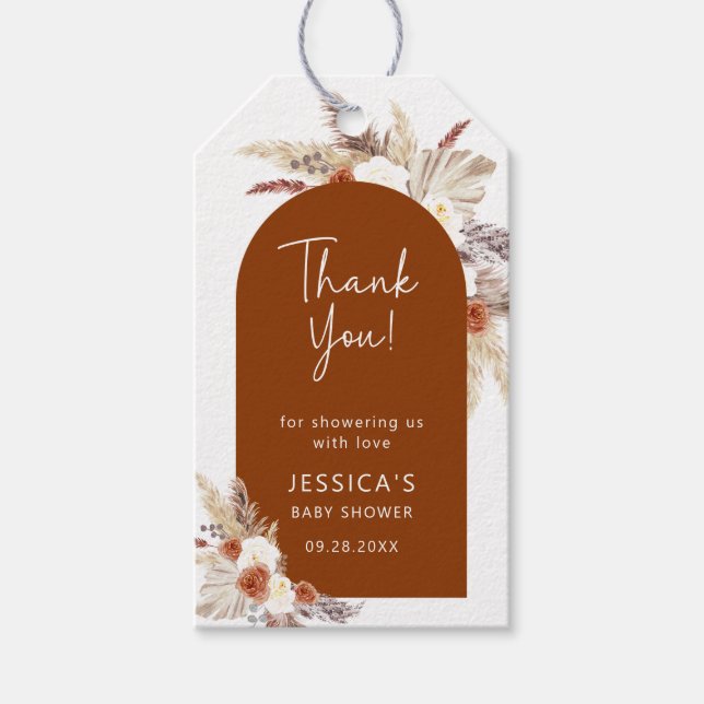 Étiquettes-cadeau Boho Pampas Grass Terracotta Baby shower Merci (Devant)
