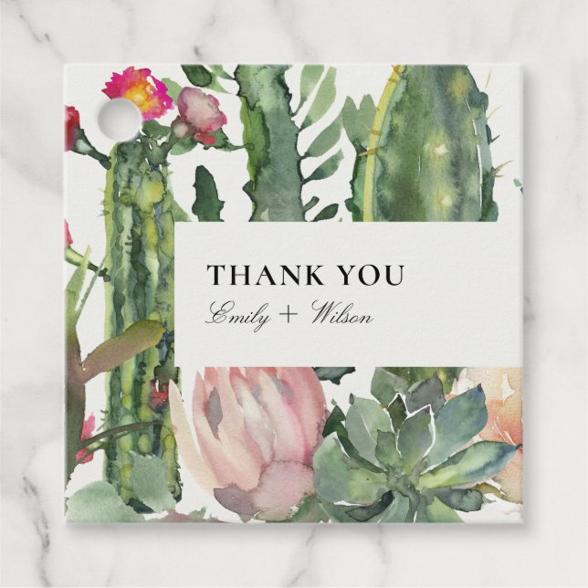 ÉTIQUETTES CADEAU BOHO PINK FLORAL DESERT CACTI FOLIAGE MERCI (Devant)