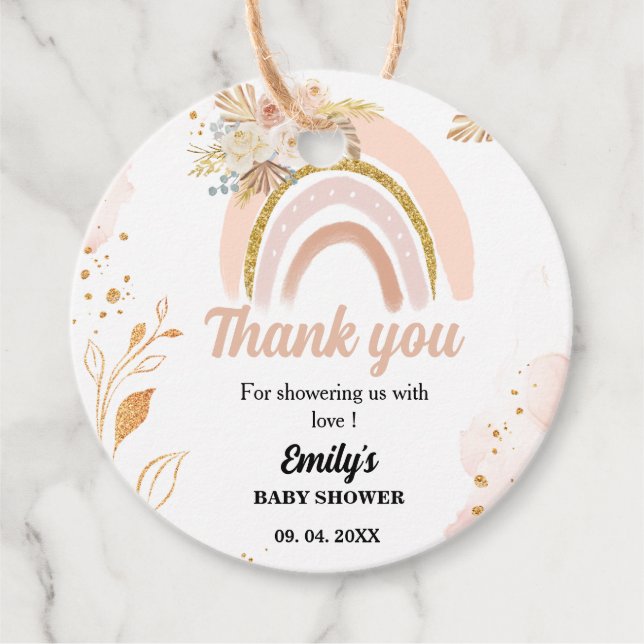 Étiquettes Cadeau Boho Rainbow Pampas Merci en herbe Baby shower (Devant)