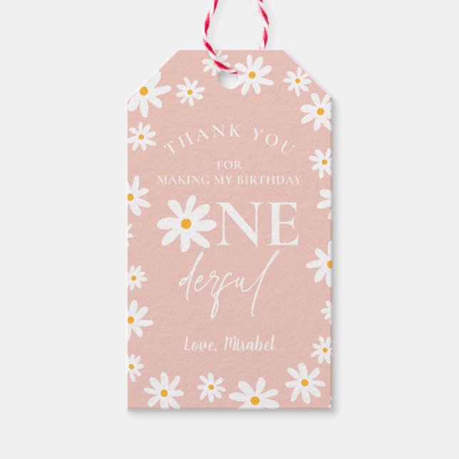 Étiquettes-cadeau Boho Retro Blush Pink Daisy Wild Un 1er anniversai (Devant)