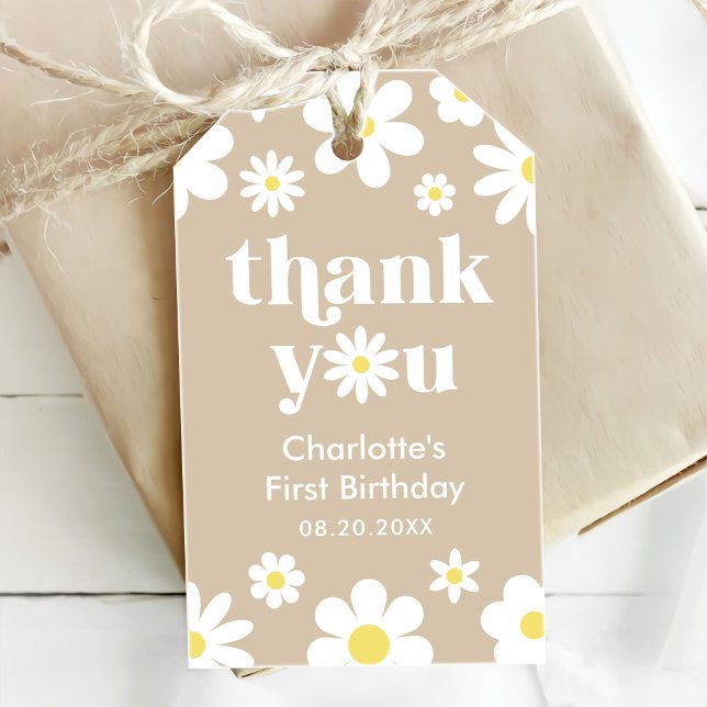 Étiquettes-cadeau Boho Retro Daisy 1er anniversaire (Créateur téléchargé)