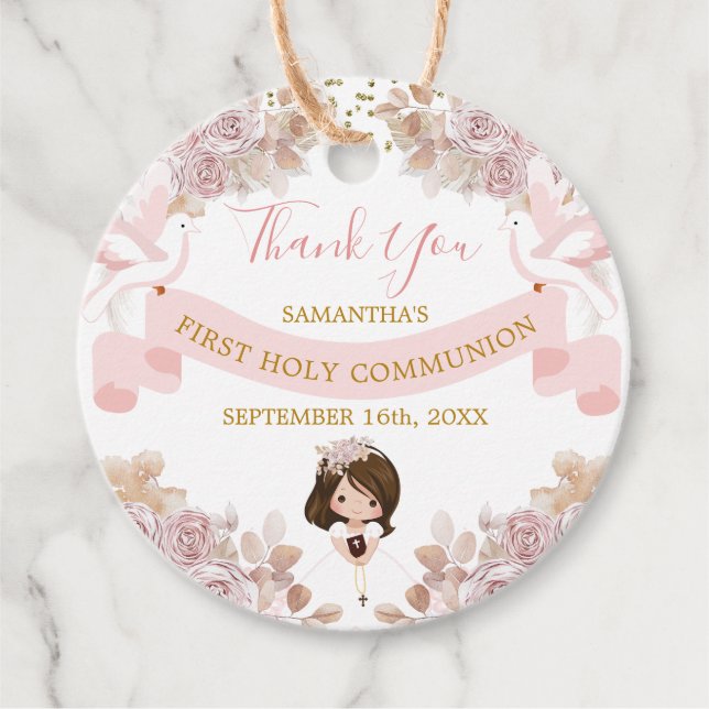 Étiquettes Cadeau Boho Rose Floral Girl 1er Saint Communion Merci (Devant)
