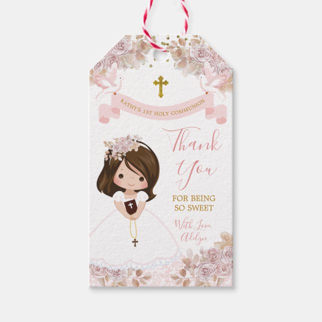 Étiquettes-cadeau Boho Rose Floral Girl Première Sainte Communion (Devant)