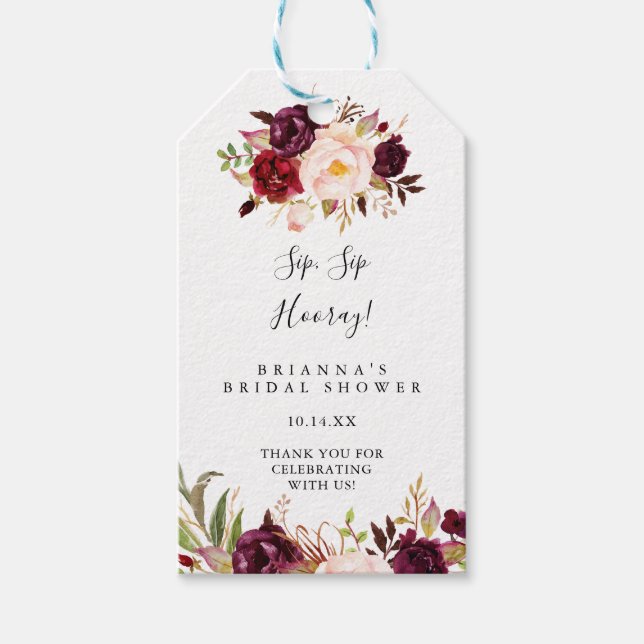Étiquettes-cadeau Boho Rustique Floral Sip Hooray Fête des mariées (Devant)