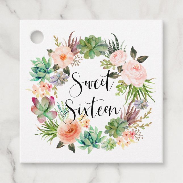 Étiquettes Cadeau Boho succulent Sweet sixteen de couronne de fleurs (Devant)