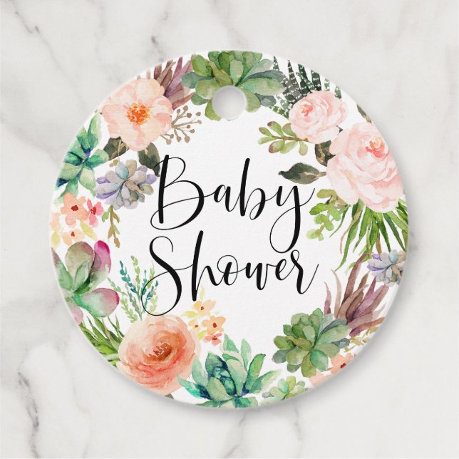 Étiquettes Cadeau Boho Succulents Baby shower de couronne de fleurs (Devant)
