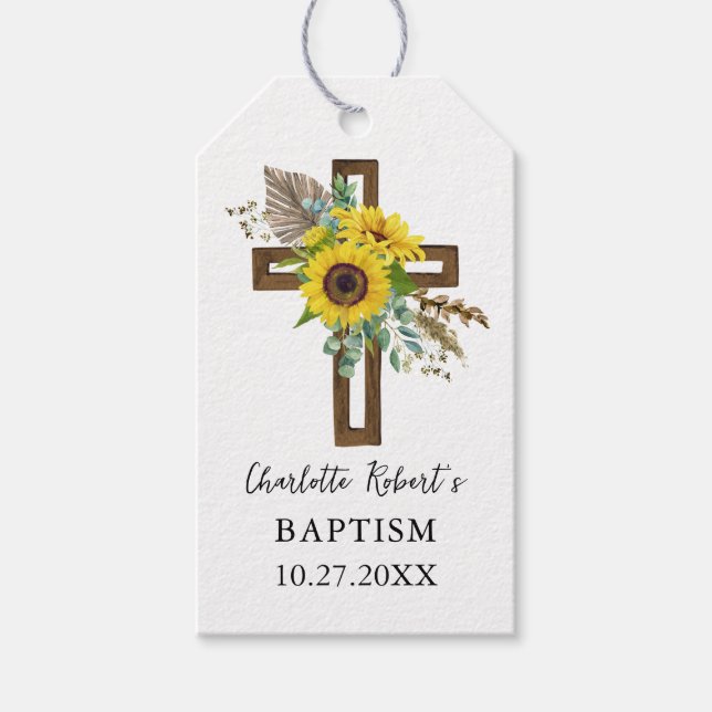 Étiquettes-cadeau Boho Sunflower & Eucalyptus Rustic Cross Baptism (Devant)