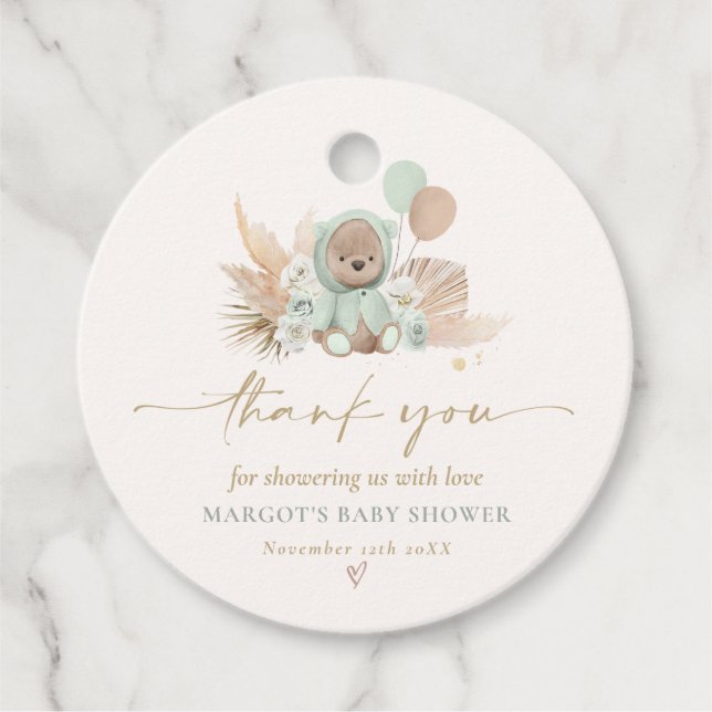 Étiquettes Cadeau Boho Teddy Bear Sage Green Bearly Wait Baby shower (Devant)
