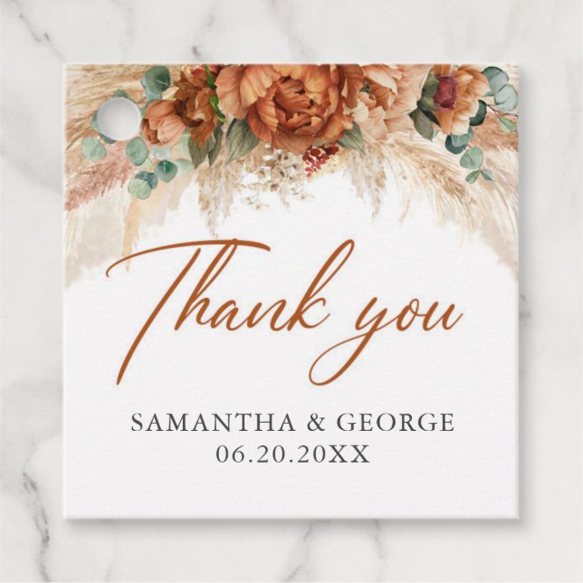 Étiquettes Cadeau Boho tropical floral cuivre pampas herbe mariage (Devant)