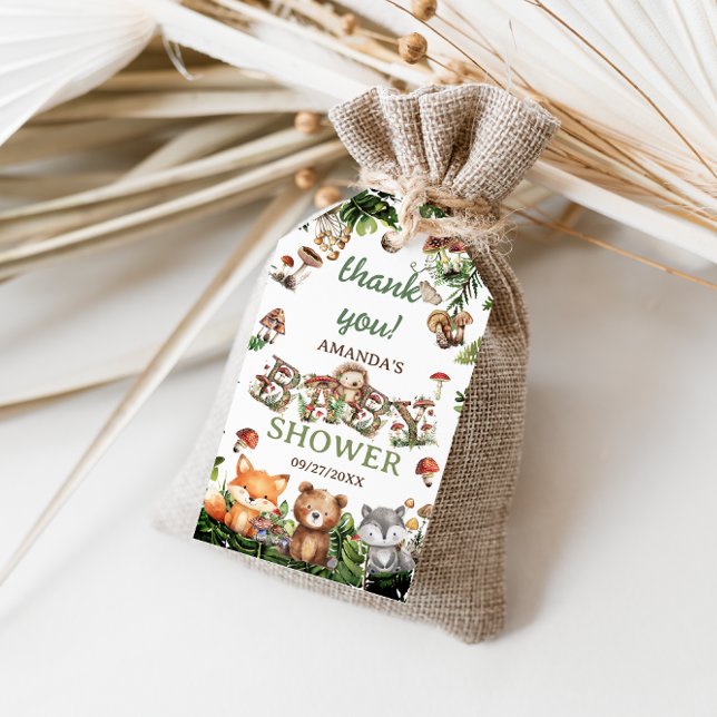 Étiquettes-cadeau Bois Animaux Baby shower botanique Merci (Créateur téléchargé)