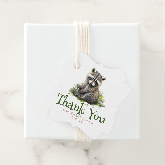 Étiquettes Cadeau Bois Animaux Raccoon Merci mignon (En situation)