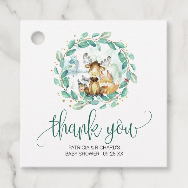 Étiquettes Cadeau Bois Animaux Végétation Baby shower Merci (Devant)