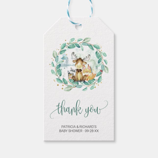 Étiquettes-cadeau Bois Animaux Végétation Baby shower Merci (Devant)