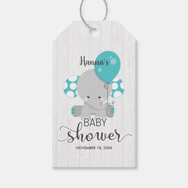 Étiquettes-cadeau Bois blanc et Merci de Baby shower éléphant Turquo (Devant)