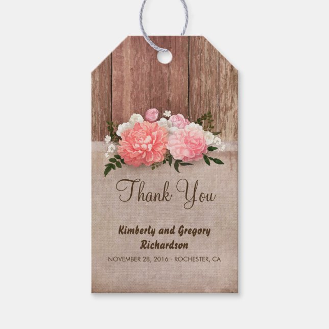 Étiquettes-cadeau Bois Burlap Fleurs roses Mariage campagnard rustiq (Devant)