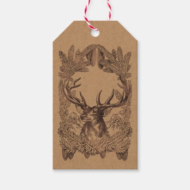 Étiquettes-cadeau Bois Cerf Noël Russe Kraft Forest Tartan (Devant)
