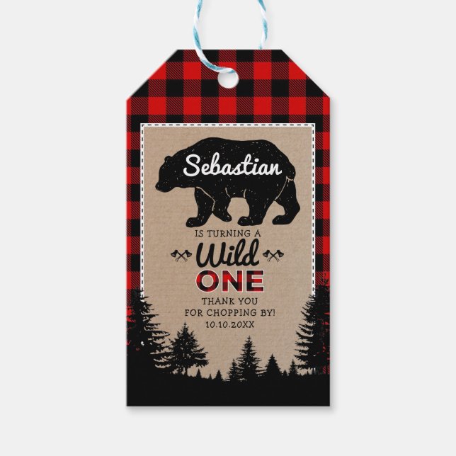 Étiquettes-cadeau Bois de bûcheron Ours sauvage Un 1er anniversaire (Devant)
