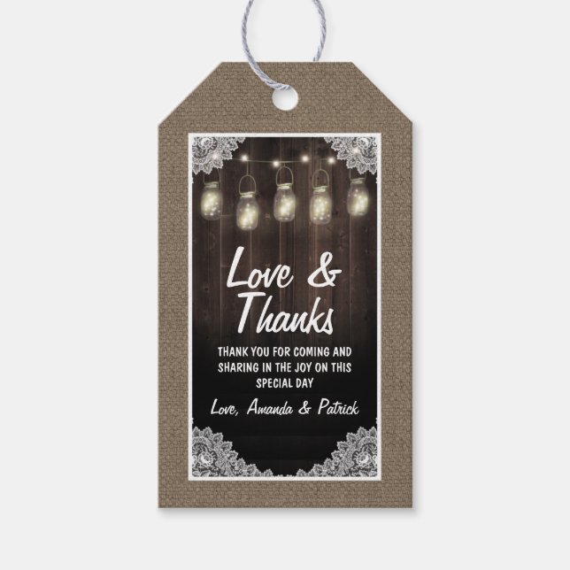 Étiquettes-cadeau Bois de grange et dentelle Mason Jar Merci Mariage (Devant)