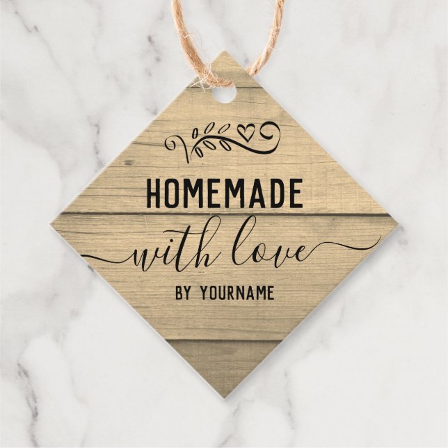 Étiquettes Cadeau Bois Fancy Script fait maison avec amour Affaires (Devant)