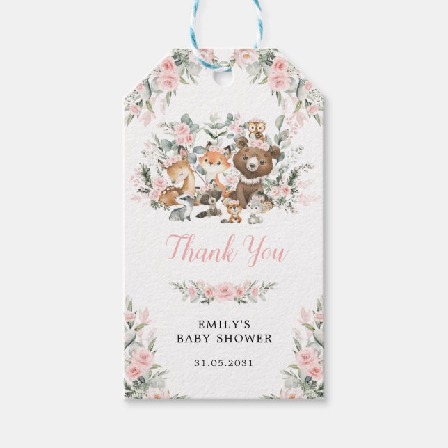 Étiquettes-cadeau Bois rose pâle Animaux Fille Baby shower (Devant)