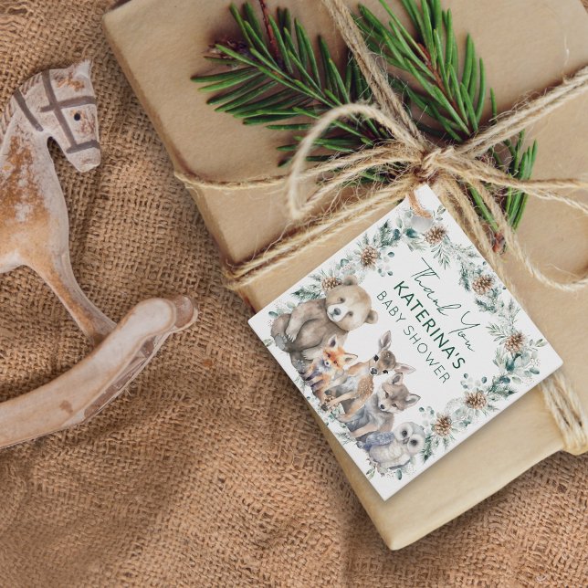 Étiquettes Cadeau Bois rustique Animaux mignons Baby shower Merci (These cute thank you favor tags are perfect for your rustic, woodland animal baby shower.)