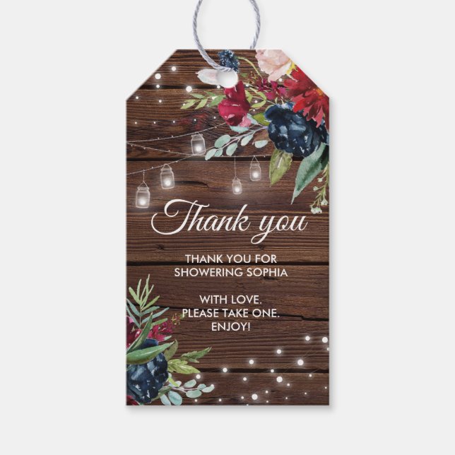 Étiquettes-cadeau Bois rustique Bourgogne Floral Lumières Fête des m (Devant)