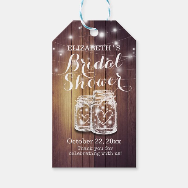 Étiquettes-cadeau Bois rustique Mason Jar String Fête des mariées (Devant)