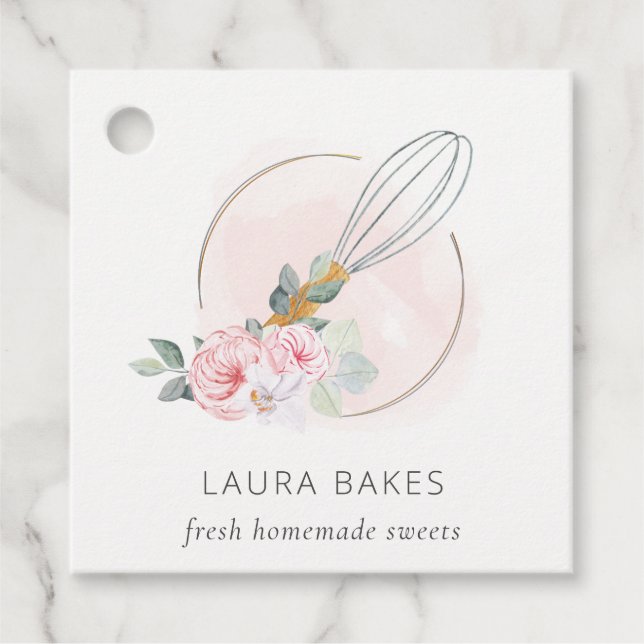 Étiquettes Cadeau Bois Whisk Blush Aquarelle Floral Chef Logo (Devant)