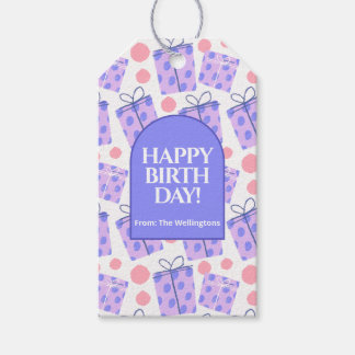 Étiquettes-cadeau Boîtes Cadeaux à pois violets joyeuses Anniversair