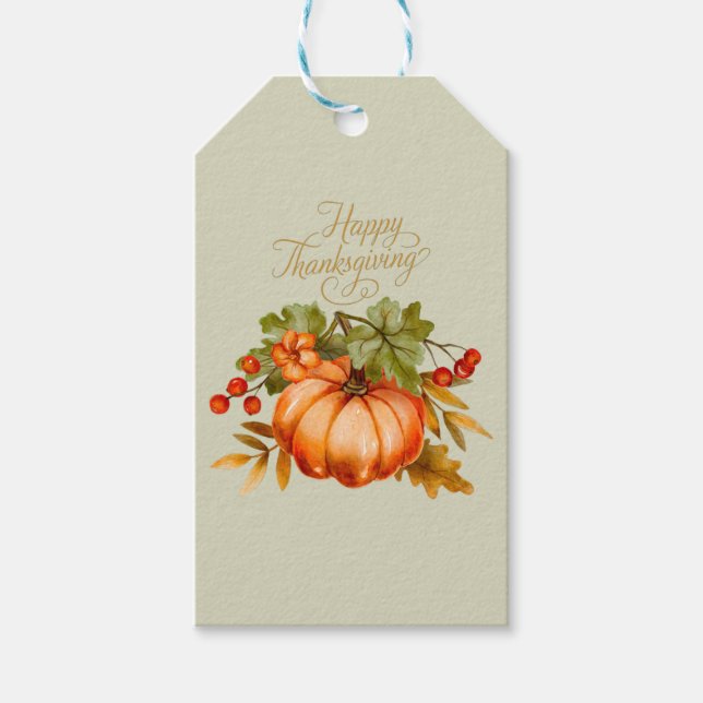 Étiquettes-cadeau Bon thanksgiving Citrouille aquarelle et baies (Devant)