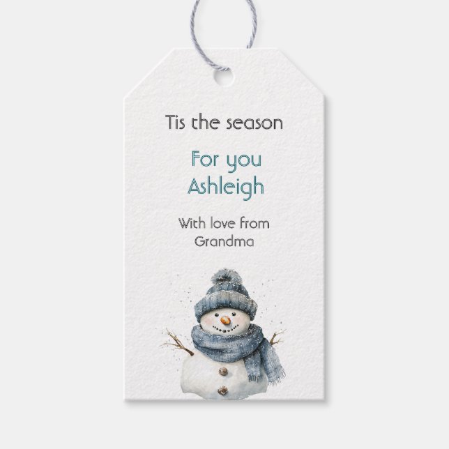 Étiquettes-cadeau Bonhomme de neige bleu de Noël (Devant)