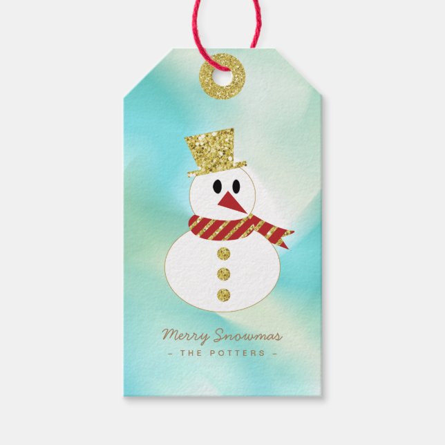 Étiquettes-cadeau Bonhomme de neige | Pastel Green Gradient & Gold (Devant)