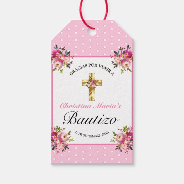 Étiquettes-cadeau Bonito Rosa Floral Oro Cruz Bautismo Gracias (Devant)