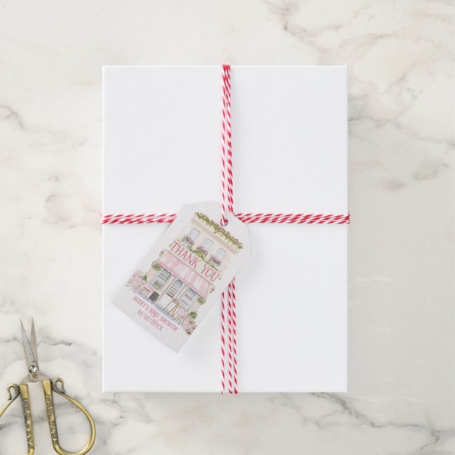 Étiquettes-cadeau Bonjour Bebe Rose Café Parisien Baby Girl Douche (Avec de la ficelle)