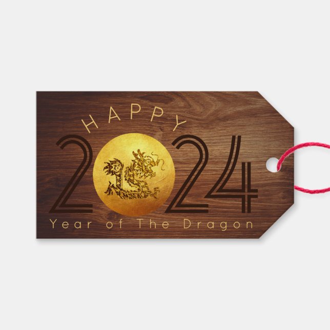 Étiquettes-cadeau Bonne année chinoise Dragon de Bois 2024 GT (Devant (Horizontal))